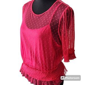 Semi Sheer Polka-Dot Tulle Blouse/Tank HOT PINK Feminine Romantic 90s Y2K
